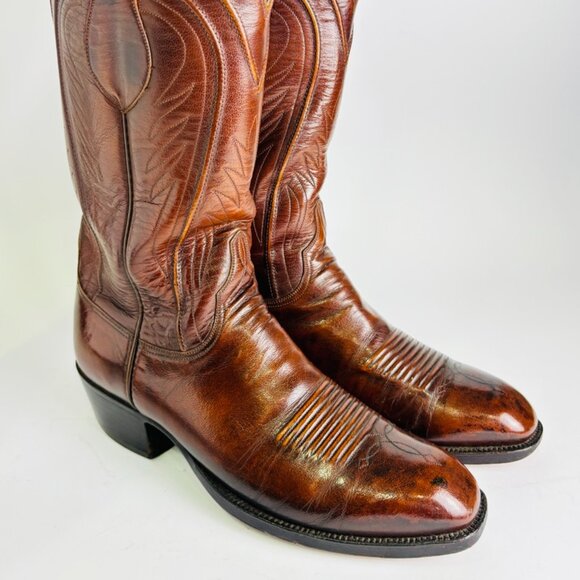 LUCCHESE MEN'S EMBROIDERED WESTERN COWBOY BOOTS Men's 8 D Bourbon USA Old Label - Picture 1 of 16